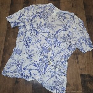 H&M Blue / White Toile Print Linen Tie-Front Cross Blouse [Small] Resortwear Lux
